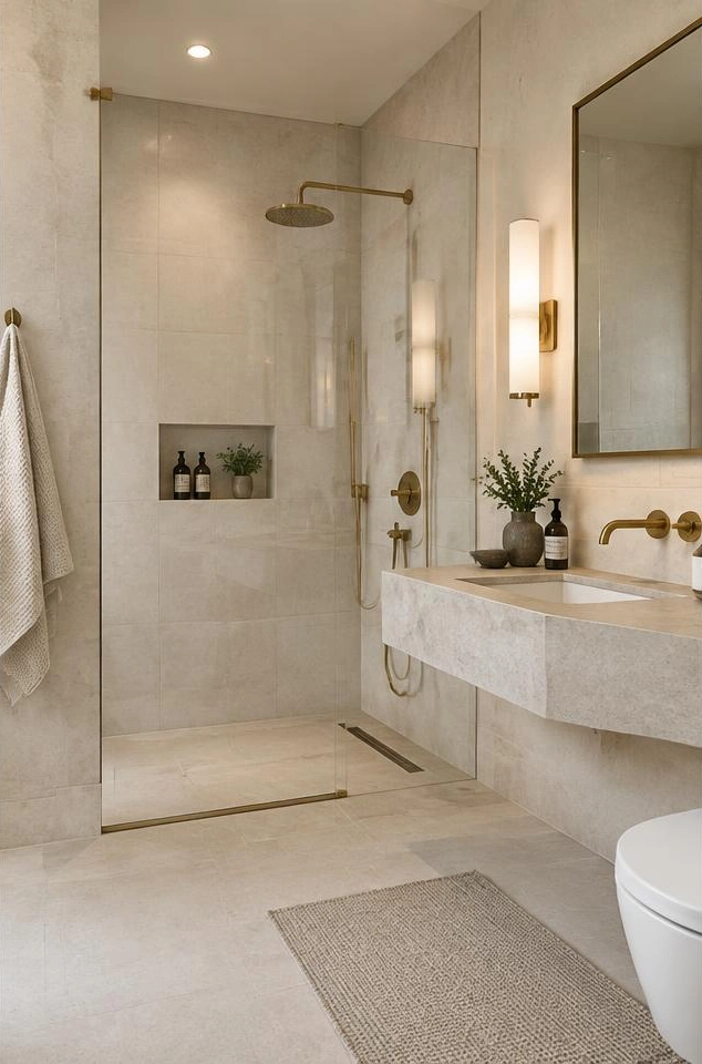 Büyük ebat porselen fayanslarla kaplanmış banyo